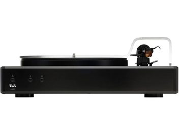 Platine vinyle T+A G 2000 R noire, vue de face, avec capot transparent et bras de lecture à droite