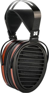 Svarta hi-fi-hörlurar Hifiman Arya Organic, ovala öronkåpor med galler, orangebruna kanter och dubbel genombruten huvudbygel