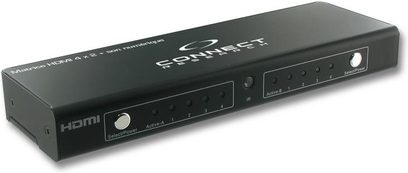 Przełącznik i splitter HDMI Connect Research CBH4012 4 na 2, widok z przodu, czarna obudowa z 6 portami HDMI i 2 przyciskami