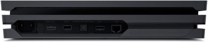 Sony PlayStation 4 Pro 1 TB sort Blu-ray 4K-afspiller, set forfra, med synlige HDMI-, AUX-, USB- og LAN-porte