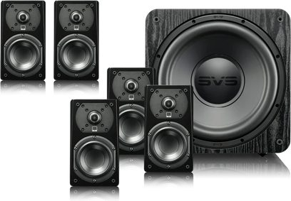 Sada reproduktorů SVS Prime 5.1 černý jasan: 5 knihovních reproduktorů a 1 subwoofer, přední strana, provedení černý jasan