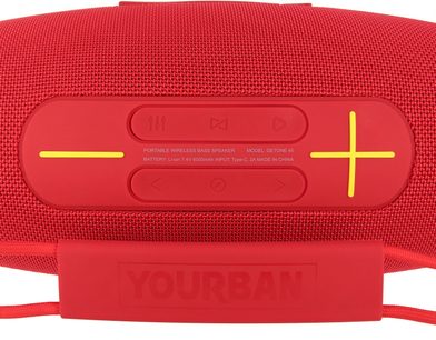 Bluetooth-højttaler Yourban Getone 45 rød, set forfra, gule kontrolknapper, overflade i tekstureret stof
