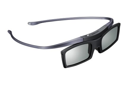 Aktive 3D-Brille in Schwarz, dünne Bügel, rechteckige graue Gläser, Dreiviertelansicht