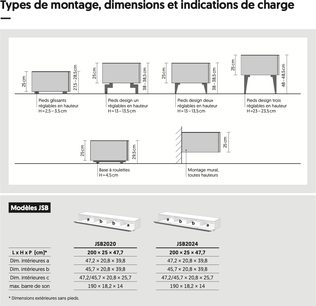 Just By Spectral JSB2020 og JSB2024 audio-/videomøbler, ydre og indre dimensioner, teknisk diagram med mål