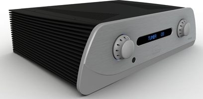 Przedwzmacniacz stereo Atoll PR400 w kolorze srebrnym, z aluminiową szczotkowaną przednią ścianką, niebieskim wyświetlaczem, obrotowymi pokrętłami i czarną obudową