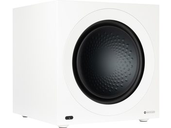 Monitor Audio Anthra W15 beyaz saten subwoofer kasası, ön görünüm, silindirik form, siyah dairesel ızgara