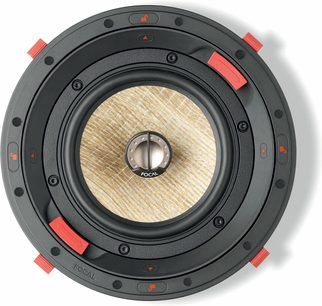 Innebygd takhøyttaler Focal 300 ICW6, sett ovenfra, sirkulær form, beige sentralkonus, svart ramme, røde elementer