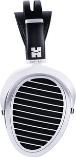 Hifiman Ananda Nano açık kulak üstü kulaklık, ön görünüm, beyaz oval kulaklık yastıkları üzerinde siyah ızgara, siyah başlık bandı ve beyaz logo