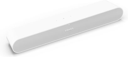 Sonos Ray Soundbar in Weiß, Draufsicht, längliche rechteckige Form mit abgerundeten Enden, weiße Lautsprecherabdeckung