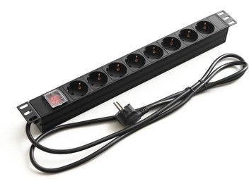 Napájecí lišta s vypínačem, 8 černých zásuvek SCHUKO v řadě, černý kabel s evropskou vidlicí, držák pro montáž