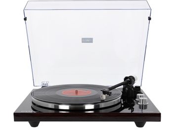 Gramofon Enova HIFI Vision 3 USB w ciemnym odcieniu orzecha, z ramieniem odczytującym, wkładką, szklaną podstawą, przezroczystą osłoną przeciwpyłową i przyciskami sterującymi