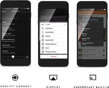 Tre skjermdumper av Spotify Connect-appen på iPhone som viser valg av VSSL A.6X stereoanlegget for lydavspilling