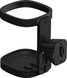 Černý nástěnný držák pro reproduktor Sonos, pohled zepředu a z boku, plastový, zaoblený tvar s integrovanými úchyty