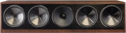 Diffusore centrale Paradigm Founder 90C noce, vista frontale, 5 altoparlanti circolari allineati orizzontalmente in un cabinet in legno