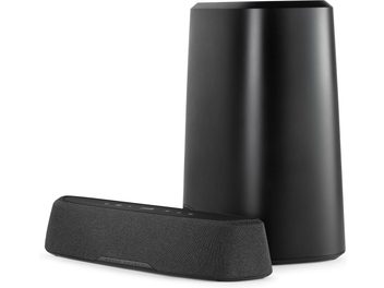 Soundbar Polk Audio MagniFi Mini AX nera opaca, forma rettangolare arrotondata, vista frontale e laterale destra