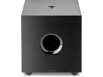 Caisson de grave Focal CUB Evo noir, vue de face, forme cubique, finition noire mate, haut-parleur circulaire central noir brillant