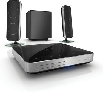 Philips HTS-7200 sort hjemmebiografsystem med Blu-ray-afspiller, 2 højttalere og basrør, set forfra