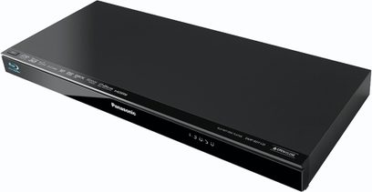 Panasonic DMP-BDT120 sort Blu-ray-afspiller, set forfra, aflang rektangulær form, blank frontpanel med knapper og indikatorlys