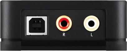 Arcam R-PACK sort DAC-konverter, frontvisning, røde og hvide RCA-stik, sort firkantet optisk stik