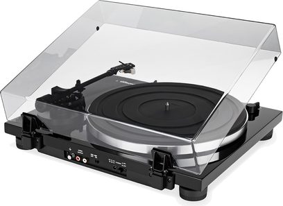 Hi-fi pladespiller Thorens TD 201 i sort lak, set ovenfra i perspektiv, låget åbent, tonarm, drejeskive