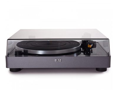 Elac Miracord 50 sort vinylpladespiller, set forfra, sort sokkel, gennemsigtig plastikdæksel, drejeskive med gummimåtte