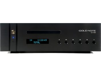 Gold Note CD-1000 CD-afspiller, frontvisning, blå display, kontrolknapper, sort finish, minimalistisk front