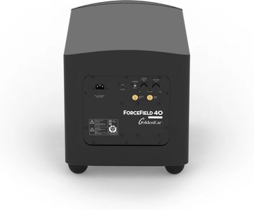 Subwoofer GoldenEar Forcefield 40 in nero satinato, vista frontale, connettori e regolazioni sul pannello posteriore