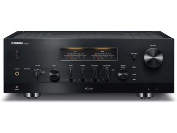 Yamaha R-N2000A siyah stereo hi-fi amplifikatör, ön görünüm, siyah ön panel, düğmeler, girişler ve 2 retro aydınlatmalı VU metre