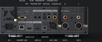 Zidoo NEO X multimedie-afspiller, frontvisning, audio/video-tilslutninger, netværk, USB og HDMI, frontknapper og indikatorer