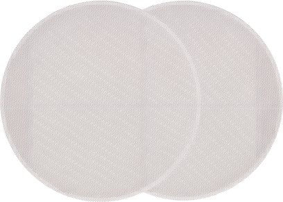 Diffusori da incasso a soffitto ArtSound FL30 bianchi rotondi con griglia metallica sottile vista frontale