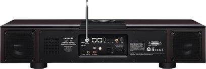 Primare Allt-i-ett svart metall, vy bakifrån, högtalargaller, teleskopantenn, LAN-, USB-, optiska portar, IEC
