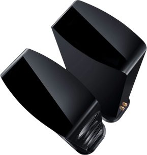 Pair of Canton Vento 81 floorstanding speakers in black lacquer, viewed from above with curved cabinet and visible drivers