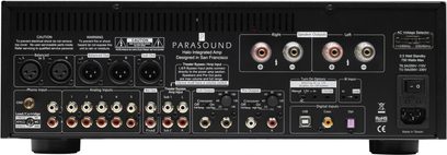 Stereo hi-fi forstærker Parasound HALO INTEGRATED sort, bagside, nærbillede, audio-tilslutninger og justeringer