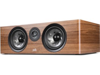 Caixa central Polk Audio R400 em nogueira, vista frontal, caixa de madeira, 2 alto-falantes pretos, tweeter central preto