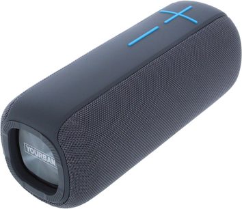 Yourban Getone 48 harmaa bluetooth-kaiutin, perspektiivikuva, sylinterin muotoinen, verkkokangas, siniset painikkeet yläosassa
