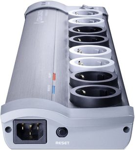 Multiprzewodowa listwa zasilająca Oehlbach Power Socket 907 w kolorze białym 17030, 8 gniazd, wyłącznik, widok z przodu i z góry, obudowa w kolorze szarym i białym