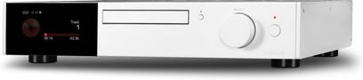 Lecteur CD haute-fidélité Audiolab 9000CDT argent avec écran noir, tiroir CD, bouton rotatif, pieds noirs et voyant rouge