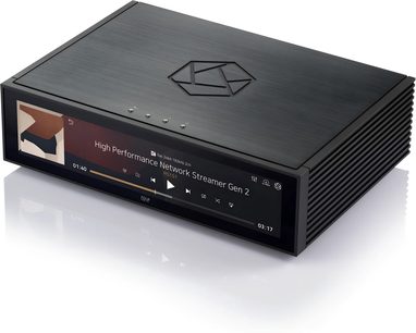 Netzwerk-Audioplayer RS151 schwarz mit rechteckigem Gehäuse, strukturierter Oberseite und Frontdisplay zur Anzeige von Informationen