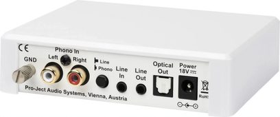 Pro-Ject Optical Box E Phono sort, frontvisning, RCA- og optiske stik, knapper og LED-lys på forsiden