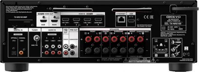 Retro dell'amplificatore home cinema Onkyo TX-NR5100 con morsetti per diffusori, ingressi HDMI, audio digitale e porte di rete