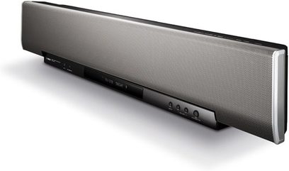 Soundbar Yamaha YSP-4000 nera, vista frontale, forma rettangolare allungata, griglia metallica sulla parte anteriore
