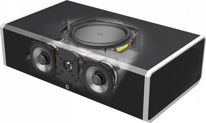 Definitive Technology CS9040 sort centralhøjttaler, set forfra i perspektiv, med 2 synlige højttalere under metalrist
