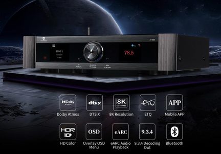 Hjemmebiograf-forstærker Tonewinner AT-500 sort børstet alu, digital skærm, understøtter 8K Dolby Atmos Bluetooth
