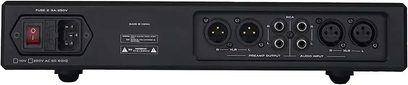 Preamplificator pentru căști Hi-Fi Hifiman Prelude, vedere din spate, comutator roșu, priză de alimentare, 2 ieșiri XLR, 2 intrări XLR, 4 conectori RCA