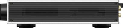 Matrix Audio Element M2 Netzwerk-Audioplayer in Silber und Schwarz aus Aluminium, Seitenansicht mit horizontalen Lamellen, zwei vergoldeten RCA-Anschlüssen und schwarzen runden Standfüßen