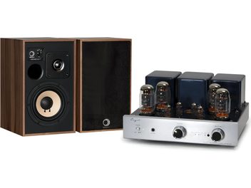 Amplificatore a valvole Cayin con coppia di diffusori Elipson Prestige Facet con finitura in legno noce e nero vista frontale
