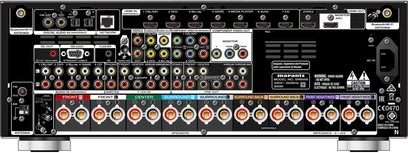 Wzmacniacz kina domowego Marantz SR6009 w kolorze srebrno-złotym, widok z przodu, liczne gniazda i przyciski, wyświetlacz cyfrowy