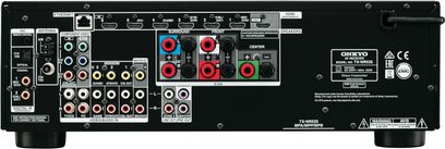 Onkyo TX-NR535 sølvfarvet hjemmebiograf-forstærker, bagside, analog og digital audio/video-tilslutning, højttalerstik