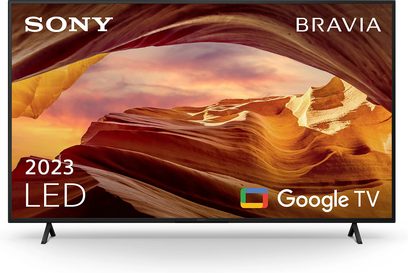 Sony KD65X75WL teler, lamekraan, eestvaade, must raam, V-kujulised jalad, värvilise kanjoni pilt, nähtavad logod