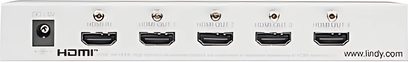 Lindy sort HDMI-fordeler 1 til 4 i sort metal, set forfra med 1 HDMI-indgang og 4 HDMI-udgange